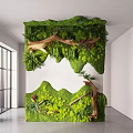 Indoor Landscape With Greenery Wall Moss Tree Branches Ferns White Walls And Large Windows