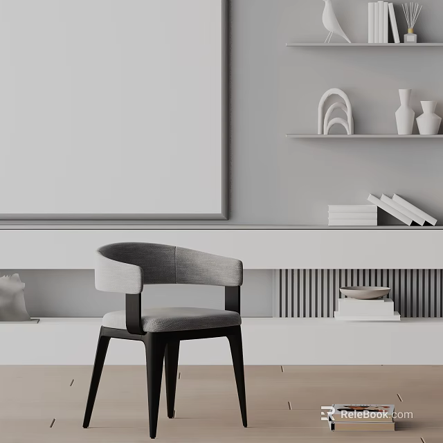 Gray Modern Dining Chair with Curved Back Black Legs in White Wall with Decorative Shelves 3d model 