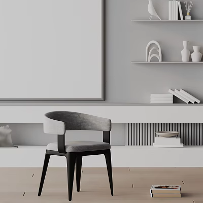 Gray Modern Dining Chair with Curved Back Black Legs in White Wall with Decorative Shelves 3d model