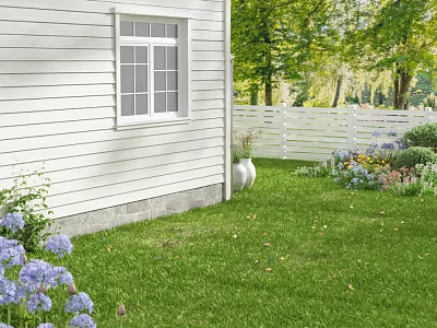 Beautiful Garden With White House Window White Fence Green Lawn And Purple Flowers 3d model