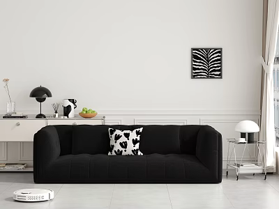 Black Multi Seater Sofa With Patterned Pillow Zebra Art And Robot Vacuum In Modern Room 3d model