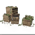 Three Wooden Crates Covered with Plants and Moss and Scattered Small Stones