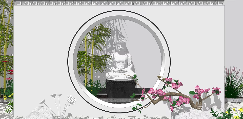 Tranquil Courtyard Garden With Circular Window Buddha Statue Bamboo And Pink Blossoms 3d model 