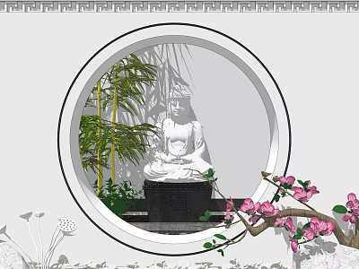Tranquil Courtyard Garden With Circular Window Buddha Statue Bamboo And Pink Blossoms 3d model