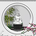 Tranquil Courtyard Garden With Circular Window Buddha Statue Bamboo And Pink Blossoms
