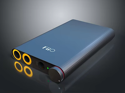 FiiO Blue Portable Audio Device With Yellow Circular Ports And Control Knob 3d model