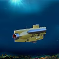 Yellow Submarine Underwater Exploration Vehicle In Deep Blue Ocean With Coral Reef
