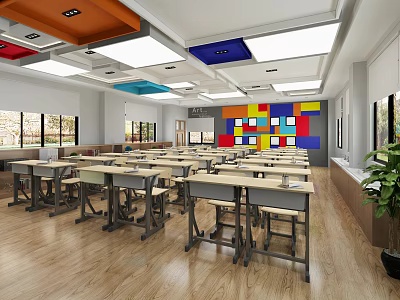 Bright School Classroom Interior With Desks Chairs Colorful Ceiling And Geometric Wall Art 3d model