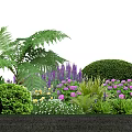 Lush Green Bushes With Ferns Purple Flowers And Pink Blooms Along Stone Pathway