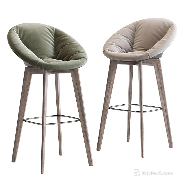 Modern Bar Stools With Green And Beige Padded Seats And Wooden Legs 3d model 