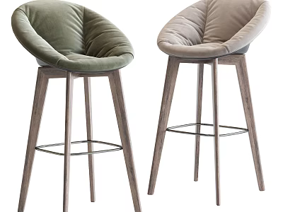 Modern Bar Stools With Green And Beige Padded Seats And Wooden Legs 3d model