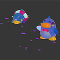 Two Blue Cartoon Characters With Lifebuoy Bow Tie On Reflective Ground And Pink Confetti