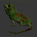 Vibrant Green Chameleon With Yellow Eyes And Red Stripes On Gray Background