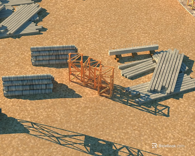 Landscape Sculpture Construction Materials With Stacked Planks Metal Frames And Concrete Slabs On Sand 3d model 