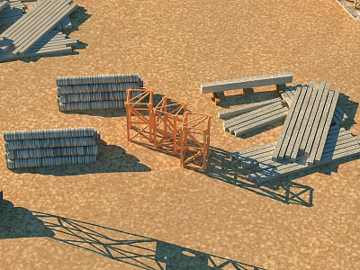 Landscape Sculpture Construction Materials With Stacked Planks Metal Frames And Concrete Slabs On Sand 3d model