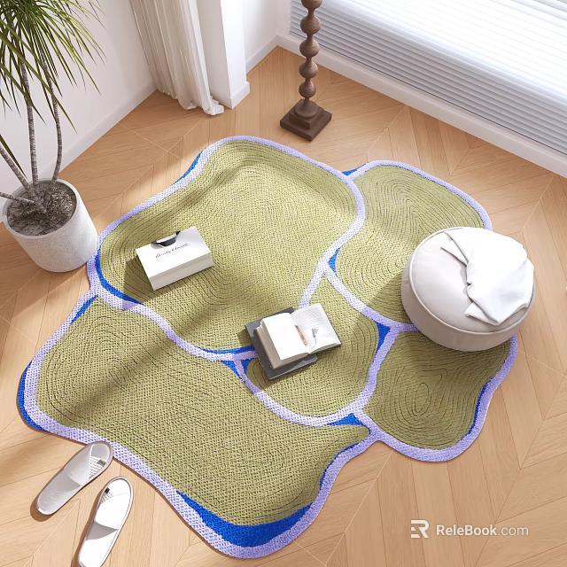 Stylish Shaped Green Rug with Blue Purple Edges and White Pouf Books on Wooden Floor 3d model 