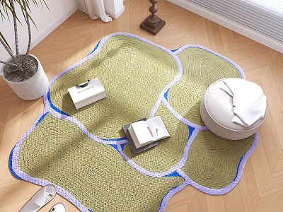 Stylish Shaped Green Rug with Blue Purple Edges and White Pouf Books on Wooden Floor 3d model
