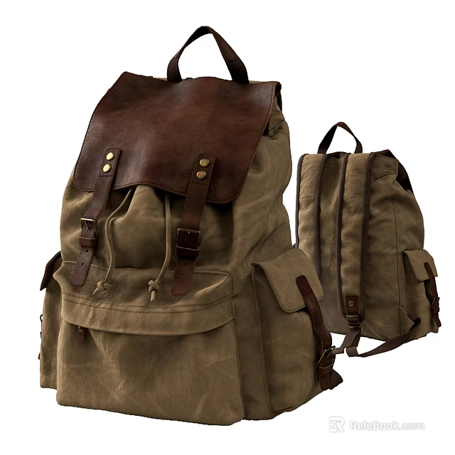 Vintage Khaki Canvas Backpack Hanging Accessory With Brown Leather Straps And Pockets 3d model 