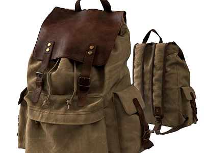 Vintage Khaki Canvas Backpack Hanging Accessory With Brown Leather Straps And Pockets 3d model