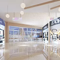 Modern Shopping Mall Lobby with Pendant Lights Green Plants Escalators and White Pillars
