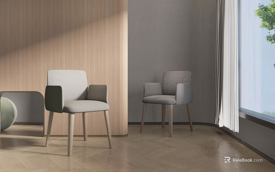 Light Gray And Striped Accent Chairs In Modern Interior With Wooden Wall And Curtains 3d model 