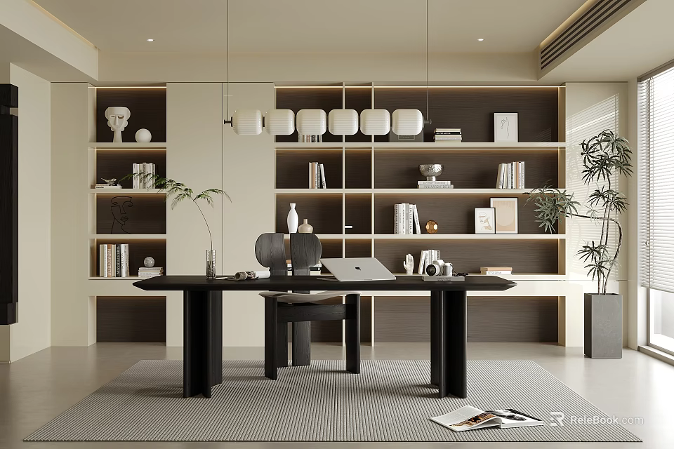 Modern Study Room Interior With Open Bookshelves Pendant Lights Desk Laptop And Green Plants 3d model 