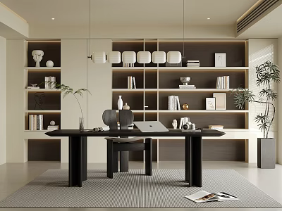 Modern Study Room Interior With Open Bookshelves Pendant Lights Desk Laptop And Green Plants 3d model