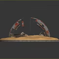 3D Model Scene Of Circular Sandy Platform With Arched Structures And Metal Frames 3d model