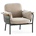 Stylish Single Sofa With Beige Cushion Black Metal Frame And Wooden Armrest