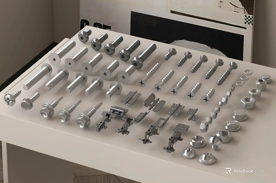 Assorted Hardware Tools With Bolts Nuts Screws And Metal Fasteners On White Table 3d model