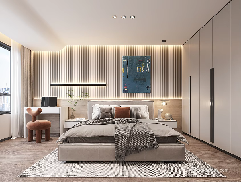 Modern Bedroom Interior Design With Bed Area Rug Built In Cabinets Desk And Artwork 3d model 