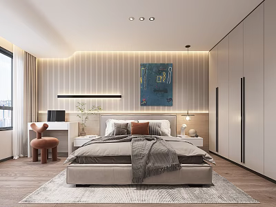 Modern Bedroom Interior Design With Bed Area Rug Built In Cabinets Desk And Artwork 3d model