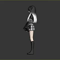Game and Movie Character With Cat Ears Long Black Hair Plaid Dress And Black Boots