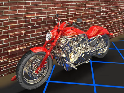 Red Cruiser Motorcycle With Shiny Chrome Details Parked Against Brick Wall On Blue Grid Floor 3d model