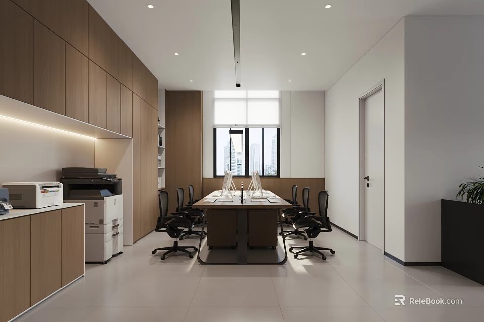 Modern Public Office Area With Large Meeting Table Black Chairs Wooden Cabinets And Bright Windows 3d model 
