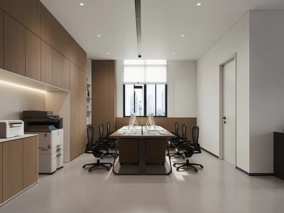 Modern Public Office Area With Large Meeting Table Black Chairs Wooden Cabinets And Bright Windows 3d model