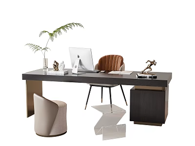 Modern Home Office Desk With Comfortable Chair Laptop And Green Plant Decor 3d model
