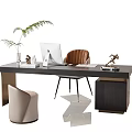 Modern Home Office Desk With Comfortable Chair Laptop And Green Plant Decor