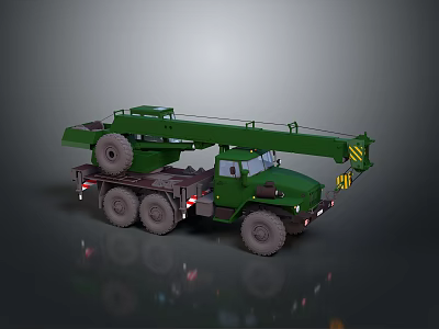Green Crane Truck with Long Boom and Truck Chassis Featuring Multiple Tires 3d model
