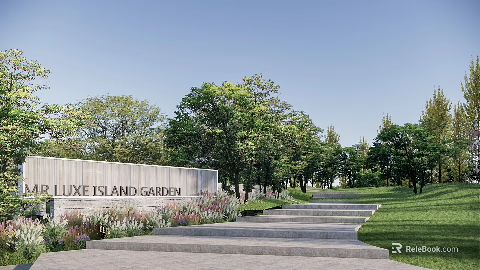 Luxe Island Garden Park Landscape With Green Trees Stone Steps And Flower Beds 3d model 