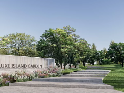 Luxe Island Garden Park Landscape With Green Trees Stone Steps And Flower Beds 3d model