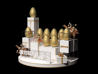 Golden Eggs Display On White Tiered Platform With Decorative Flowers And Gift Boxes 3d model