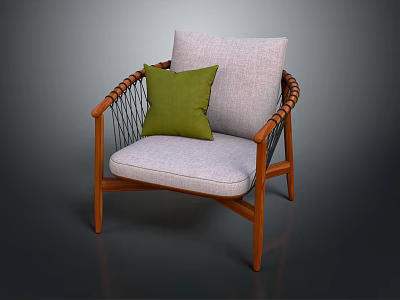 Modern Comfortable Armchair with Wooden Armrests Woven Design Light Gray Cushion and Green Pillow 3d model