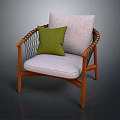 Modern Comfortable Armchair with Wooden Armrests Woven Design Light Gray Cushion and Green Pillow