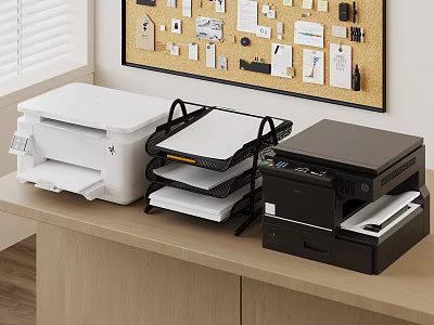 Office Electronics With White And Black Printers And Document Tray On Wooden Desk 3d model