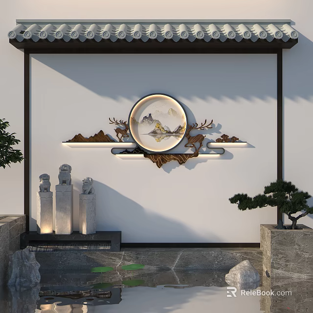 Traditional Chinese Wall Hanging With Circular Landscape Deer Design And Decorative Elements 3d model