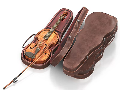 Open Leather Case With Wooden Violin And Bow For Musical Instrument 3d model