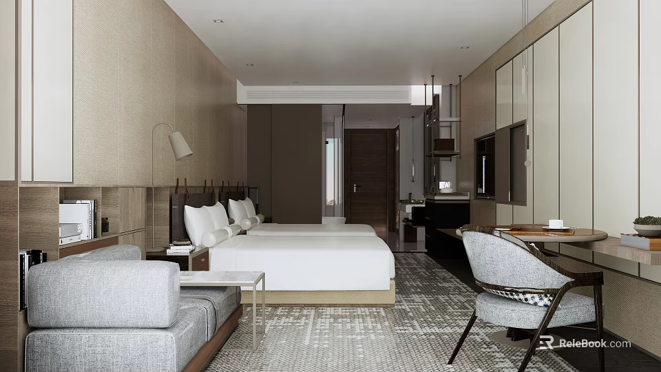Modern Comfortable Hotel Room Interior With Two Beds Sofa Work Desk And TV 3d model 