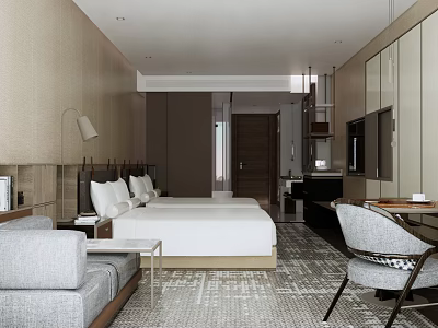 Modern Comfortable Hotel Room Interior With Two Beds Sofa Work Desk And TV 3d model
