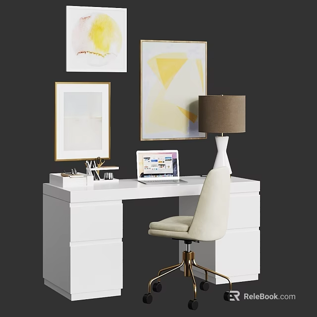 White Desk With Lamp Tablet Stationery And Chair Near Framed Art On Wall 3d model 